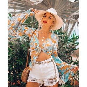 Lulu’s Yellow Tropical Print Tie-Front Crop Top